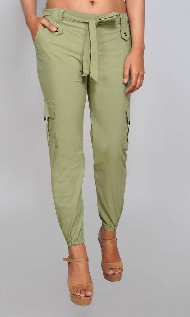 Stylish Light Green Cotton Spandex Slim Fit Cargo Joggers For Women OrderMeFirst