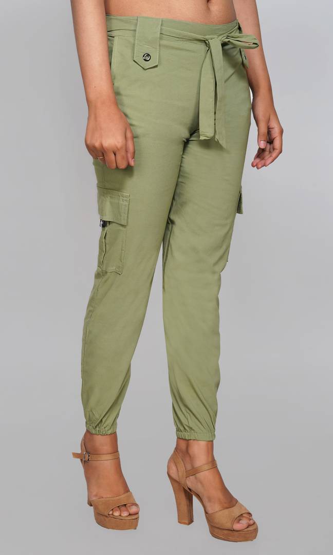 Stylish Light Green Cotton Spandex Slim Fit Cargo Joggers For Women OrderMeFirst