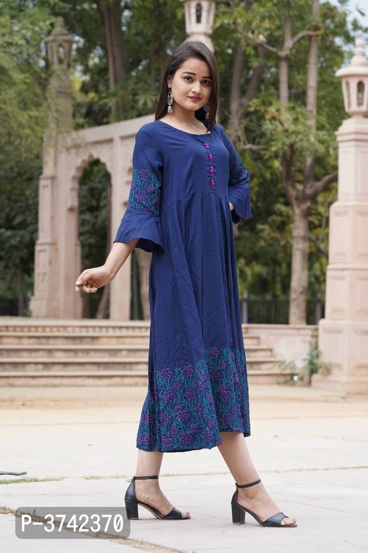 Stylish Navy Blue Rayon Anarkali Kurta OrderMeFirst