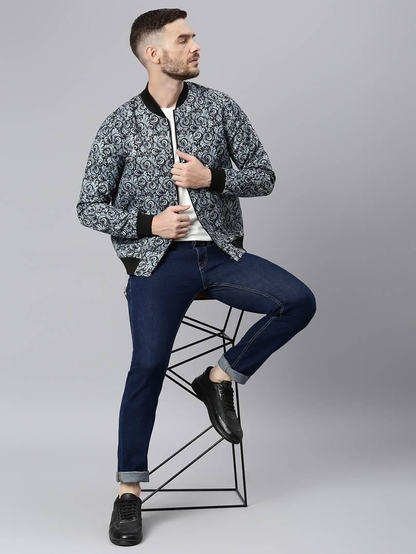 Stylish Polyester Viscose Grey Printed Long Sleeves Jacket For Men OrderMeFirst