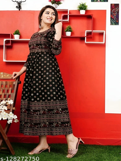 Stylish Rayon Printed Black women Kurtis OrderMeFirst