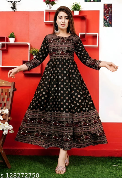 Stylish Rayon Printed Black women Kurtis OrderMeFirst