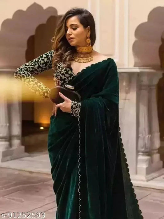 Velvet Green Cutwork Saree With Blouse OrderMeFirst