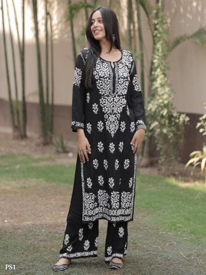 Chikankari Floral Design Kurti Palazzo Set