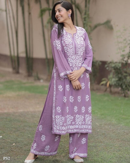 Chikankari Floral Design Kurti Palazzo Set