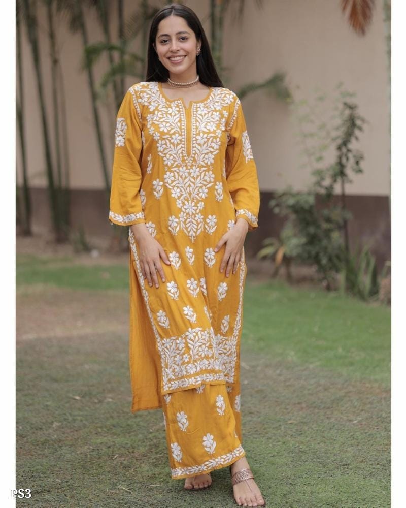 Chikankari Floral Design Kurti Palazzo Set