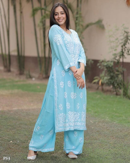 Chikankari Floral Design Kurti Palazzo Set