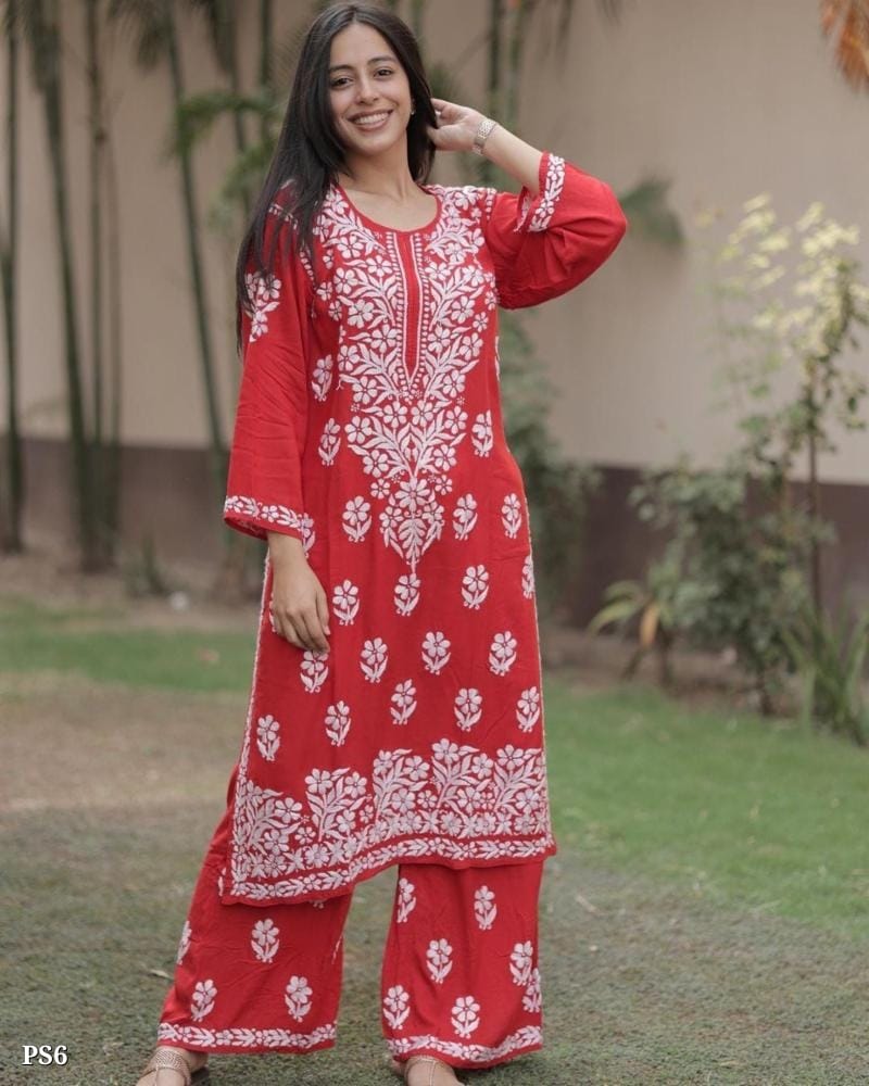 Chikankari Floral Design Kurti Palazzo Set