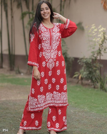 Chikankari Floral Design Kurti Palazzo Set