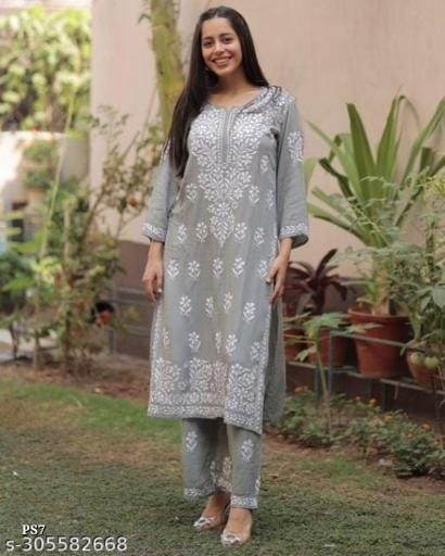 Chikankari Floral Design Kurti Palazzo Set