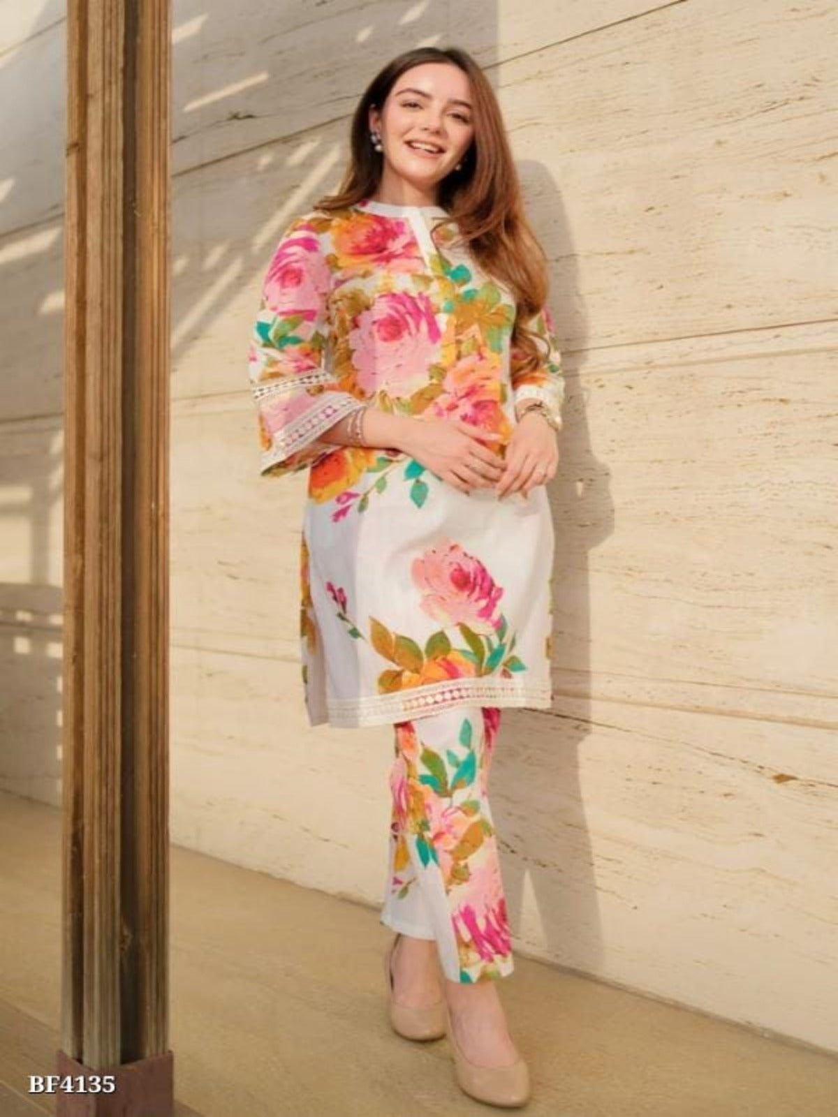 Floral Cream Kurta Pant Set