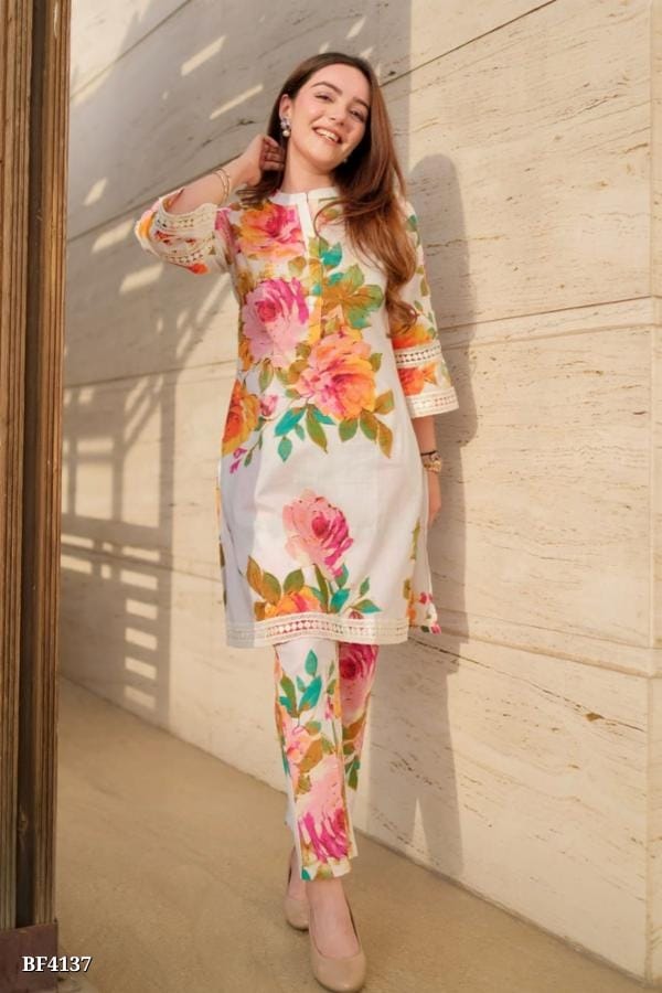 Floral Cream Kurta Pant Set