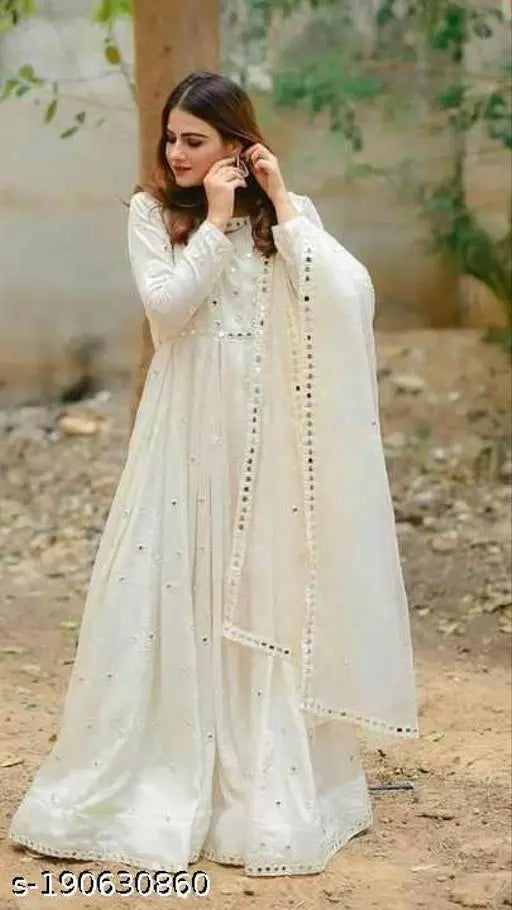 White Georgette With Mirror Work Gown Design OrderMeFirst