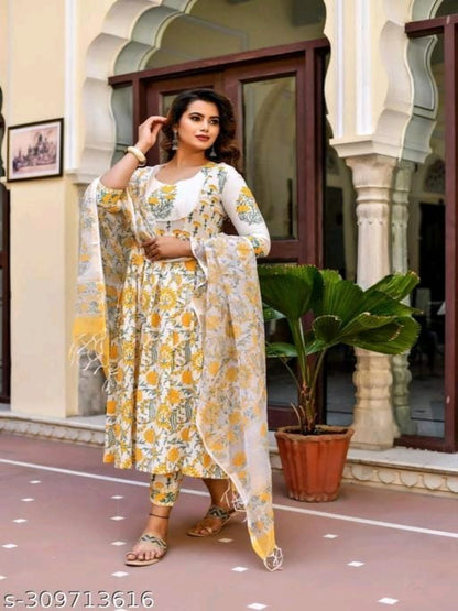 Women Block Printed A-Line kurta and pant set with Dupatta OrderMeFirst