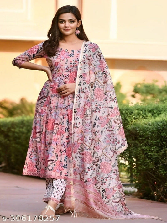 Women Printed Anarkali kurta and pant set with Dupatta OrderMeFirst