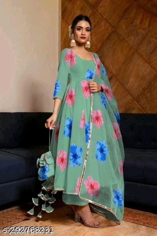 Women Printed Georgette Flowers Printed Anarkali Kurta OrderMeFirst