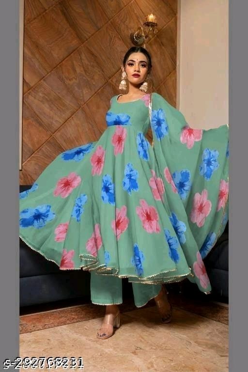 Women Printed Georgette Flowers Printed Anarkali Kurta OrderMeFirst