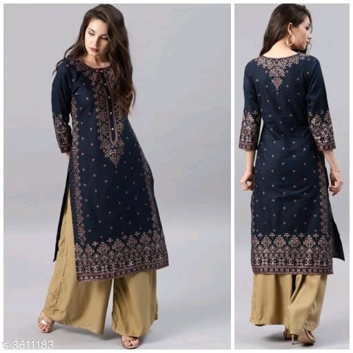 Women Rayon A-line Printed Long Kurti With Palazzos OrderMeFirst