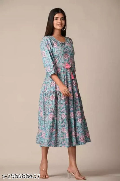 Women's Cotton Turquoise Floral Print Anarkali gown OrderMeFirst