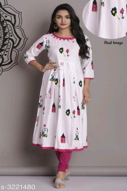 Women's Printed White Rayon Kurti OrderMeFirst