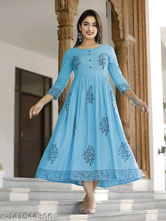 Women's Rayon Anarkali Hand Block Printed Sky Kurti OrderMeFirst