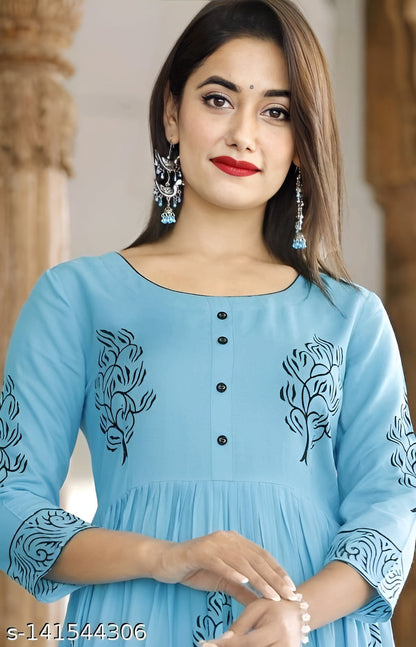 Women's Rayon Anarkali Hand Block Printed Sky Kurti OrderMeFirst