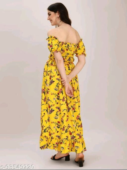 Yellow Crepe Pleated Knee Length Dress OrderMeFirst