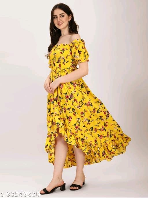 Yellow Crepe Pleated Knee Length Dress OrderMeFirst