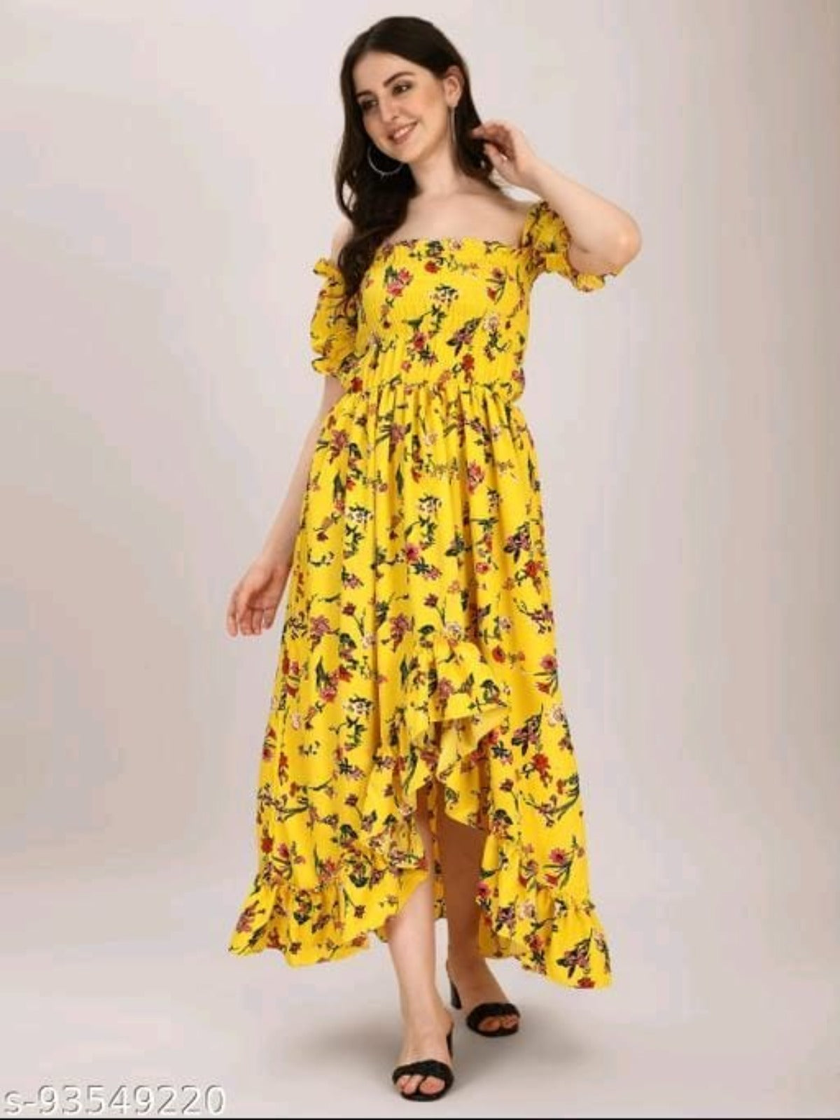 Yellow Crepe Pleated Knee Length Dress OrderMeFirst