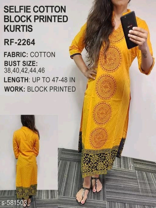 Yellow Ethnic Motif Printed Cotton Kurti OrderMeFirst