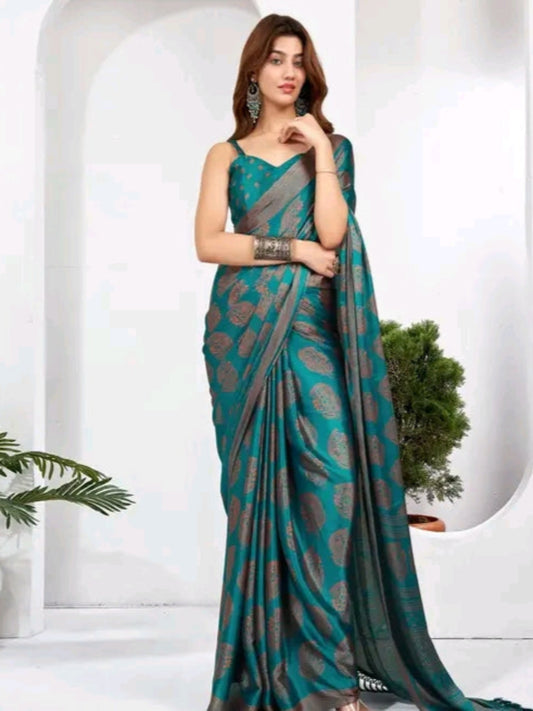 Satin Blue Saree with Georgette