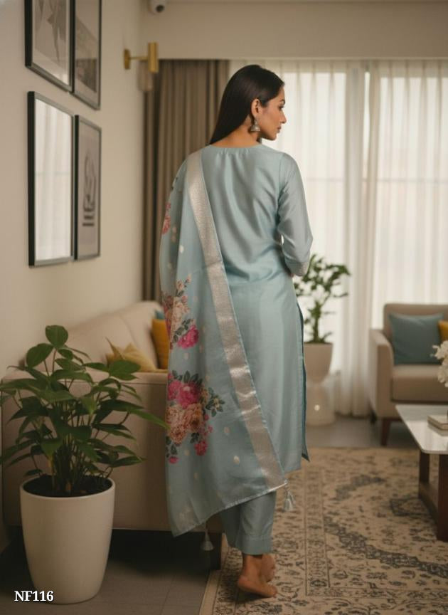 Sky Blue Poly Cotton Suit Set