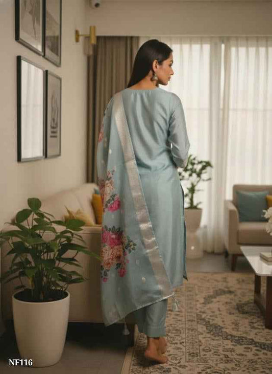Sky Blue Poly Cotton Suit Set
