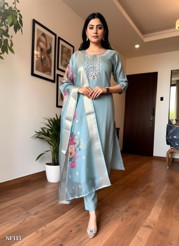 Sky Blue Poly Cotton Suit Set