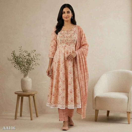 Pure Cotton Anarkali Kurti Pant Dupatta Set