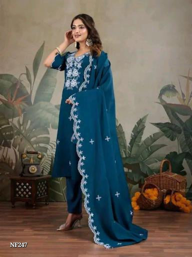 Teal Blue Roman Silk Kurta Pant Set