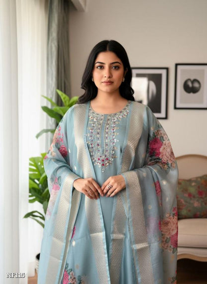 Sky Blue Poly Cotton Suit Set