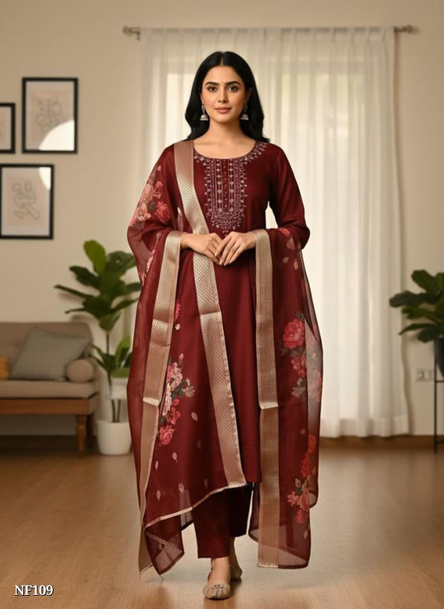Maroon Poly Cotton 3-Piece Suit Set