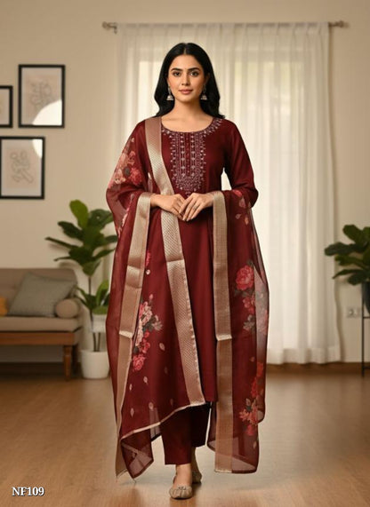 Maroon Poly Cotton 3-Piece Suit Set