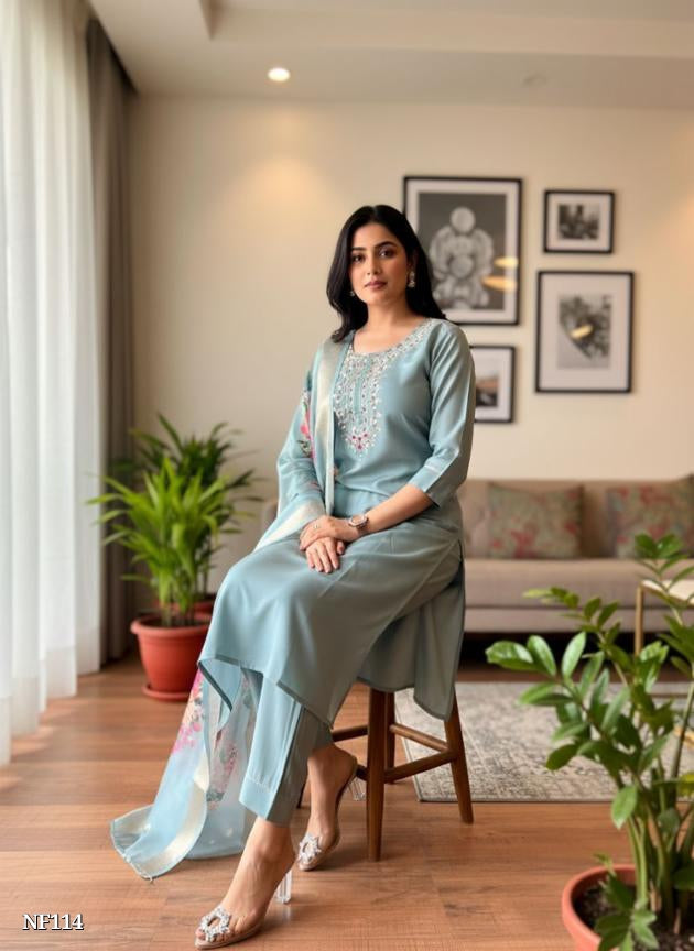 Sky Blue Poly Cotton Suit Set